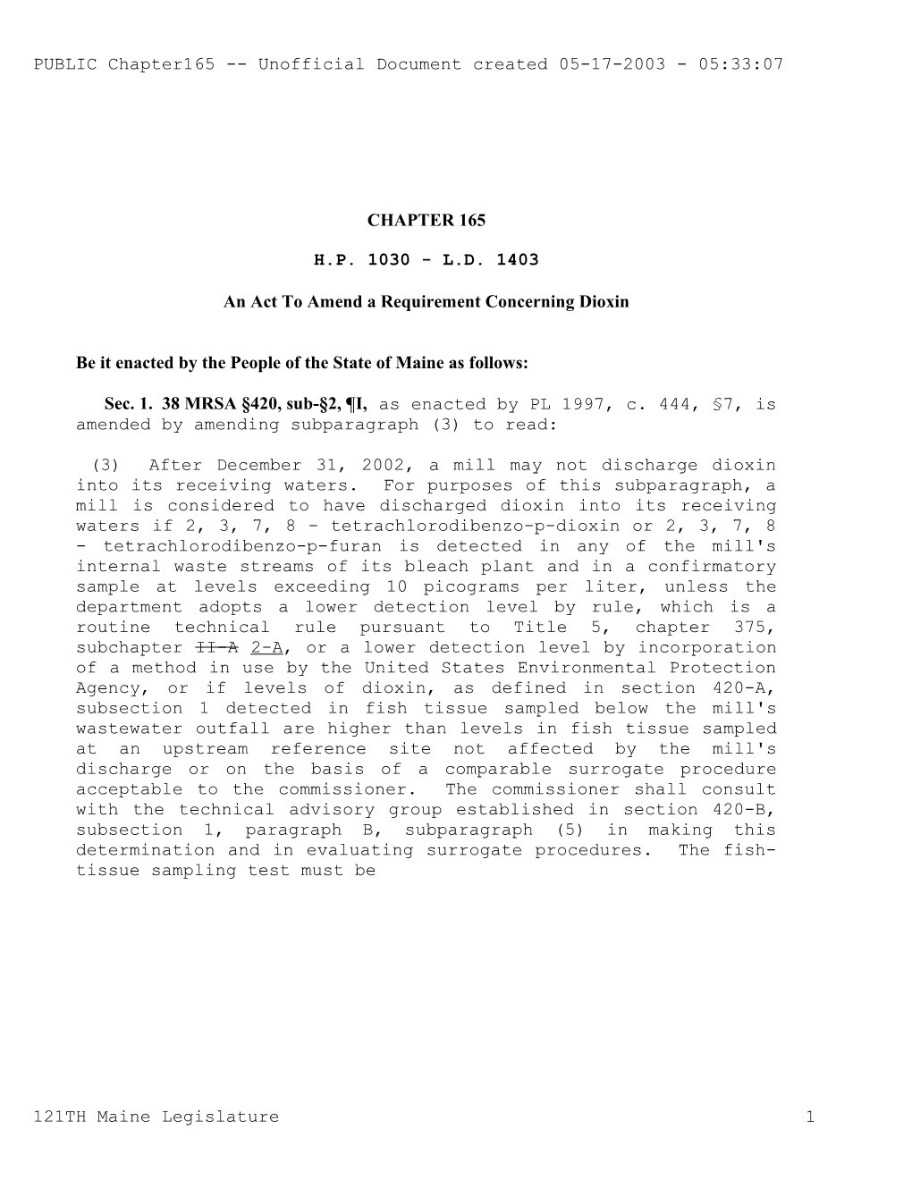 An Act to Amend a Requirement Concerning Dioxin