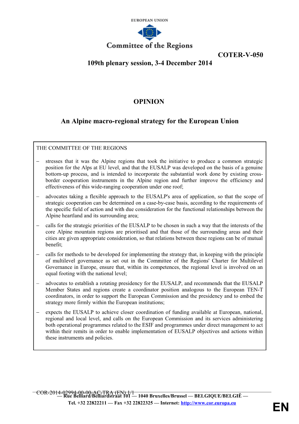 An Alpine Macro-Regional Strategy for the European Union