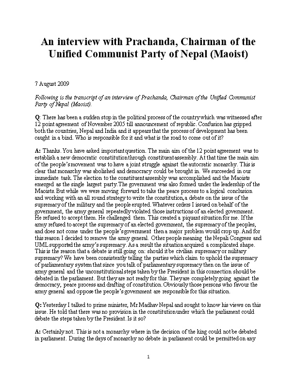 An Interview with Prachanda, Chairman of the Unified Communist Party of Nepal (Maoist)
