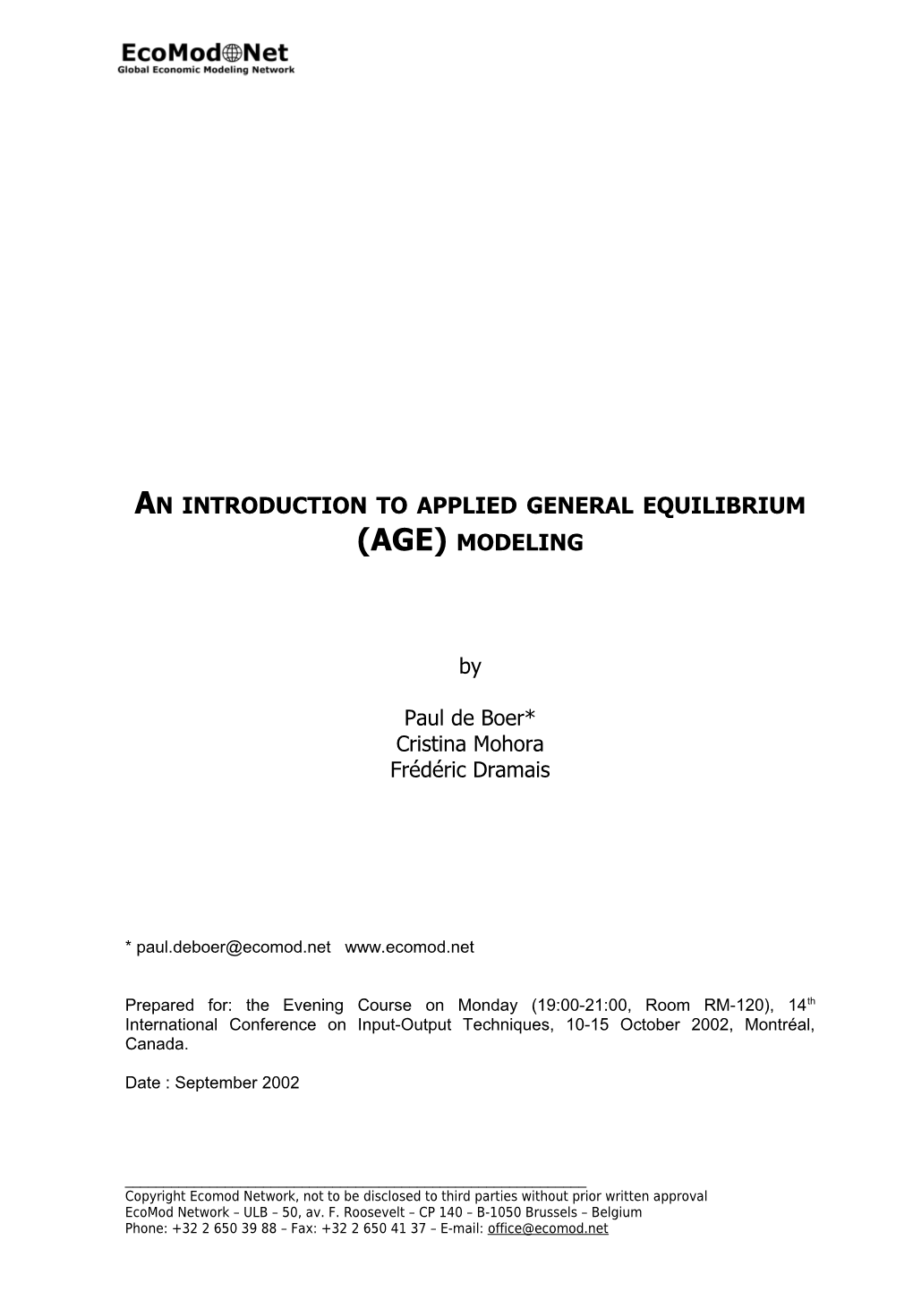 An Introduction to Applied General Equilibrium (AGE) Modeling