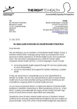 An Open Letter to Minister for Health Michelle O Neill MLA