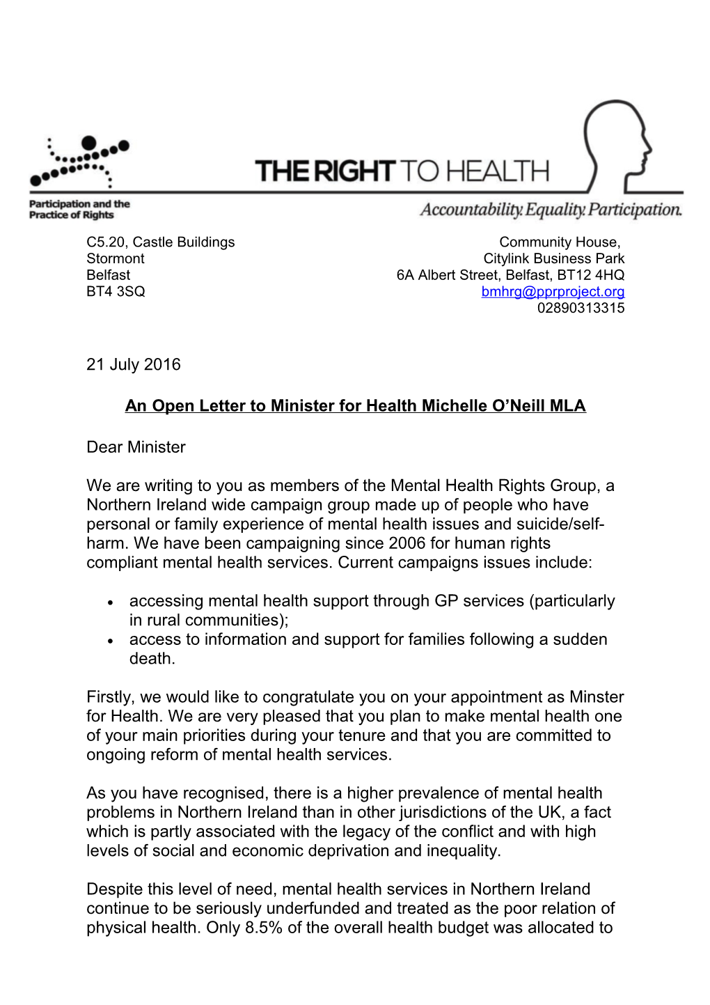 An Open Letter to Minister for Health Michelle O Neill MLA
