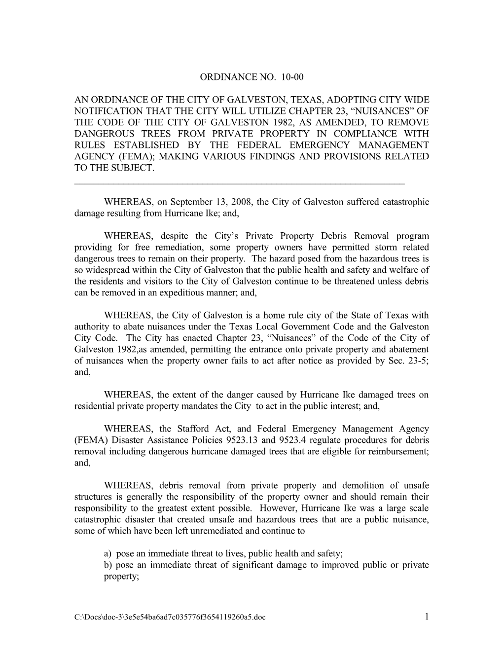 An Ordinance of the City of Galveston, Texas, Adopting City Wide Notification That The