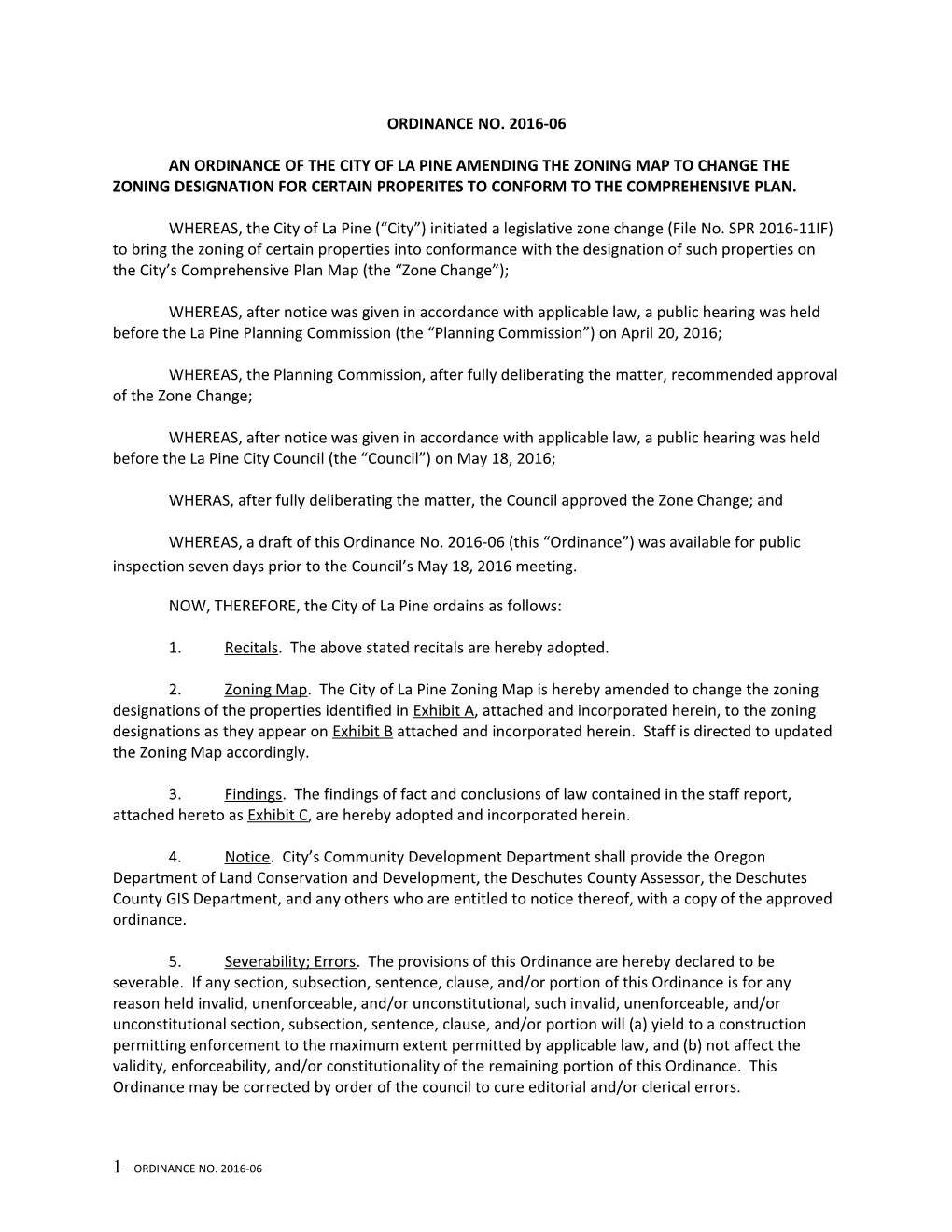 An Ordinance of the City of La Pine Amending the Zoning Map to Change the Zoning Designation