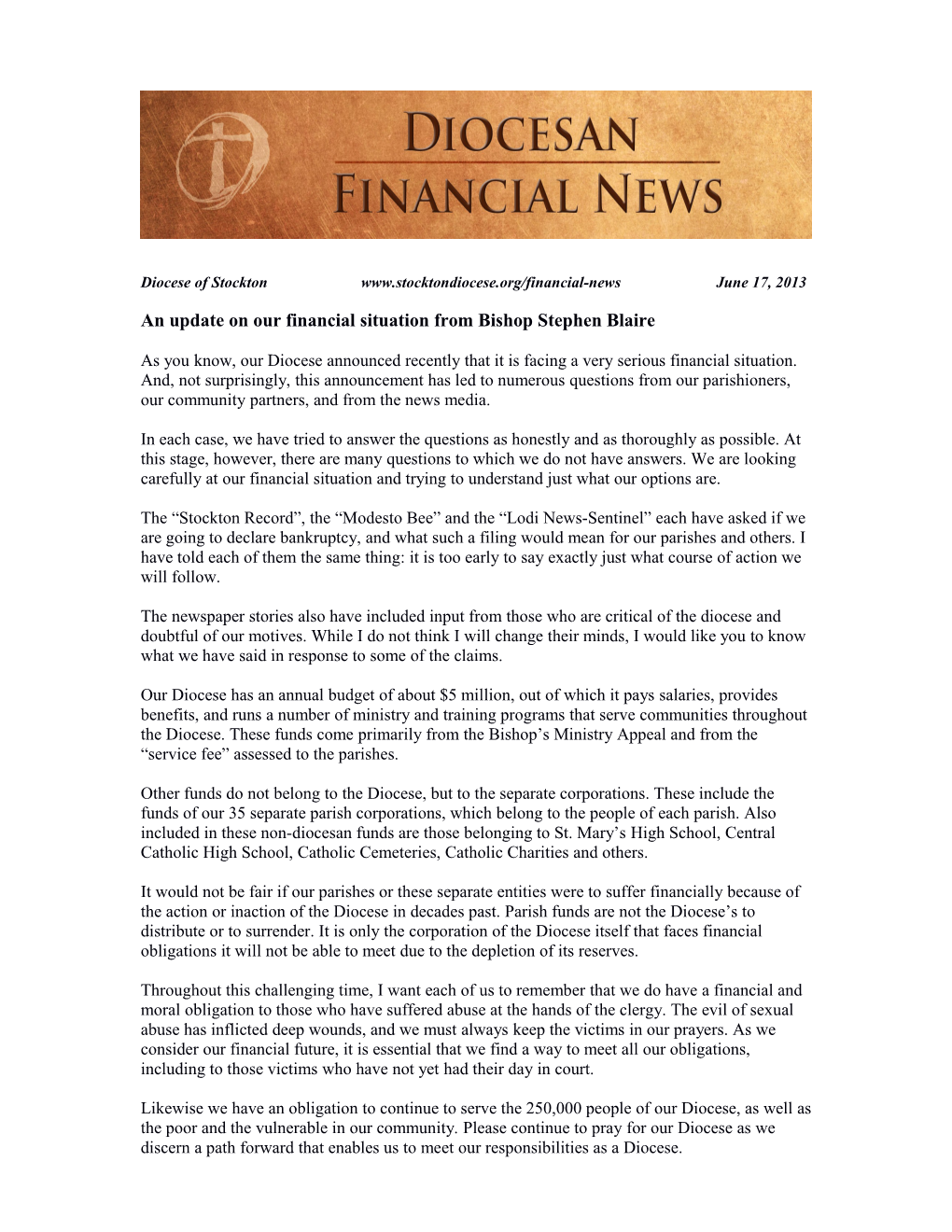 An Update on Our Financial Situation from Bishop Stephen Blaire