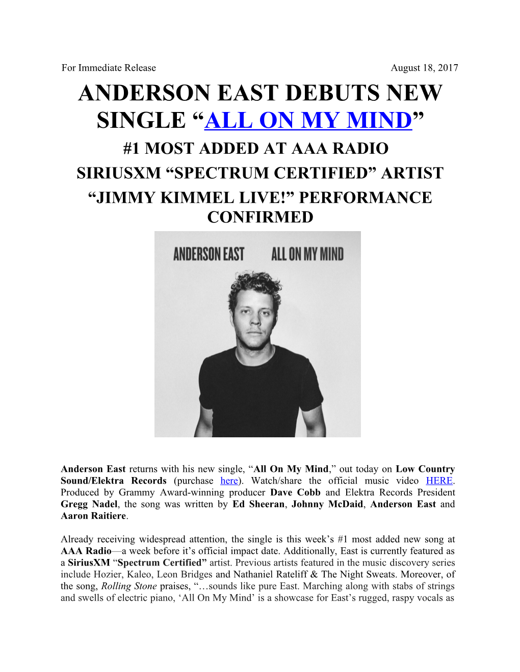 Anderson East Debuts New Single All on My Mind