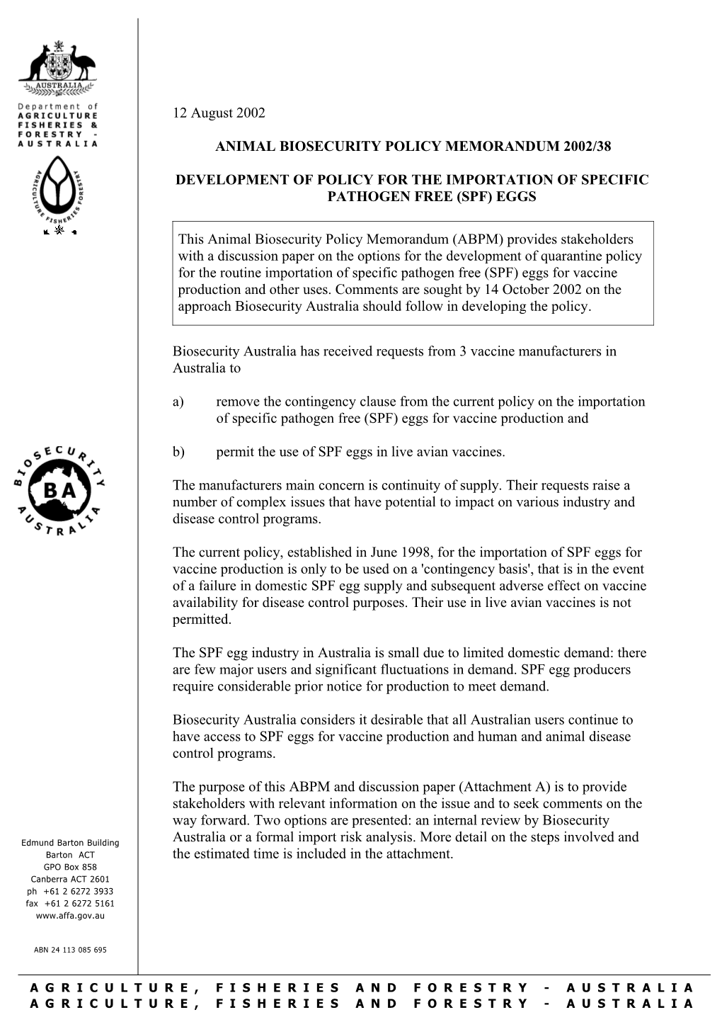 Animal Biosecurity Policy Memorandum 2002/38