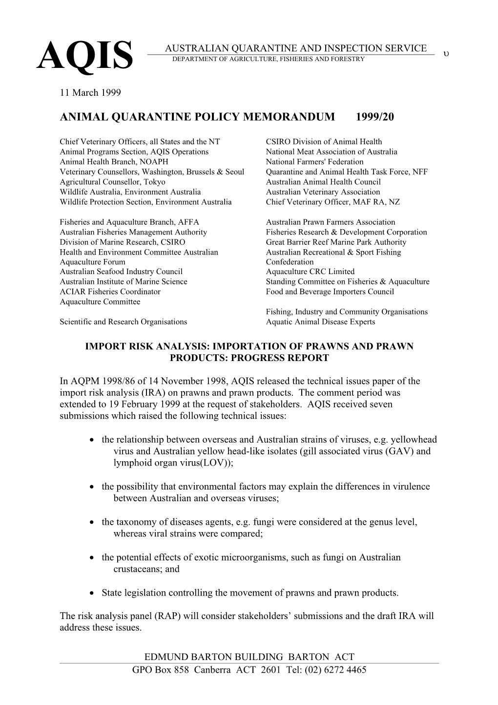 Animal Quarantine Policy Memorandum 1999/20