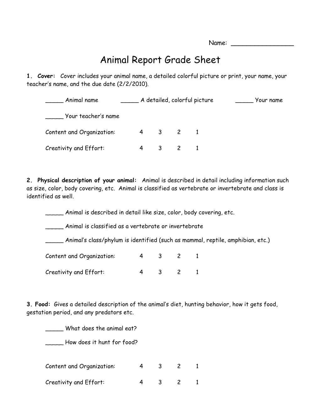 Animal Report Project Grade Sheet