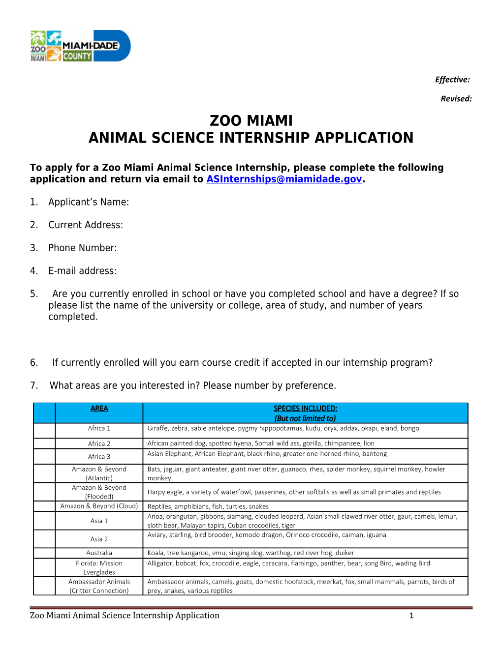 Animal Science Internship Application
