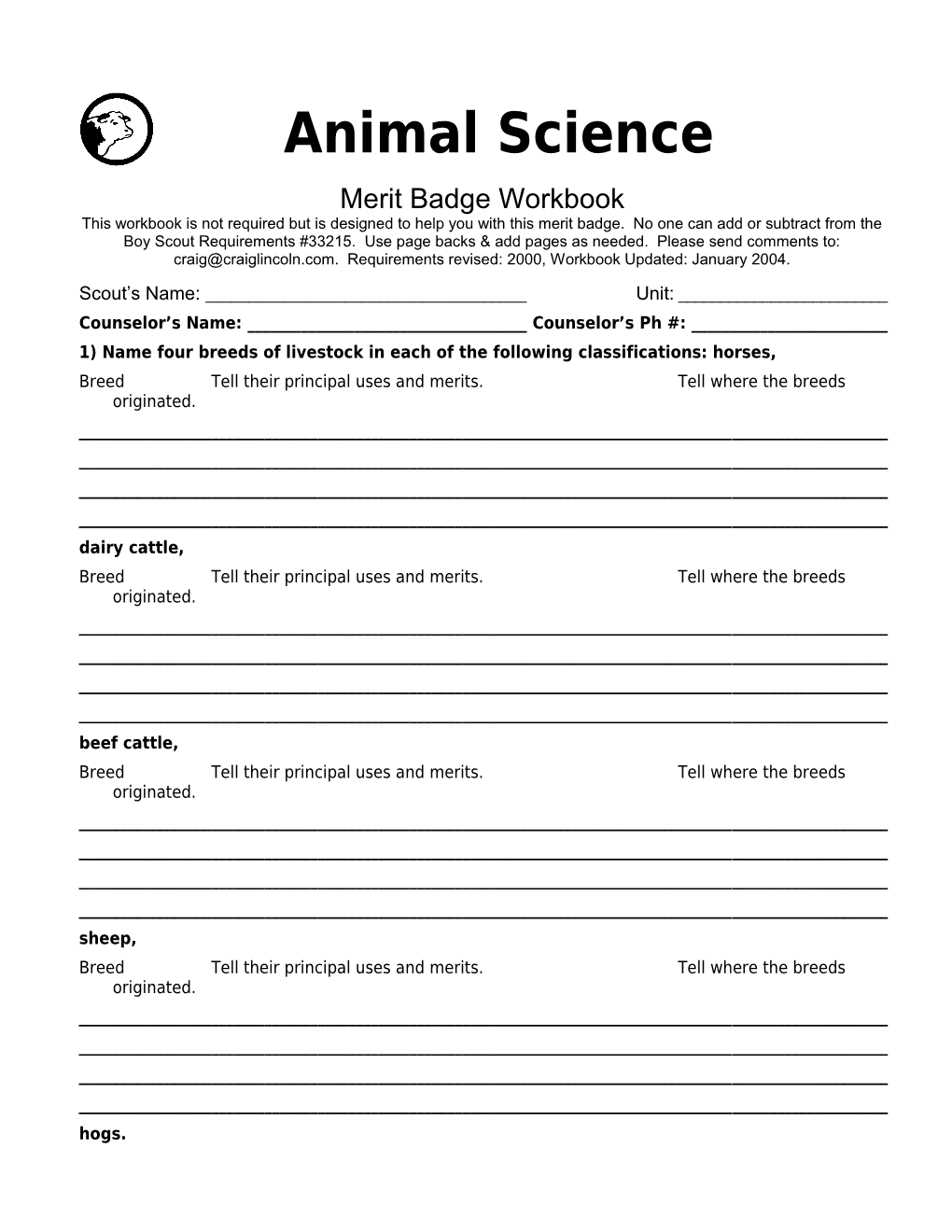 Animal Science P. 1Merit Badge Workbookscout's Name: ______