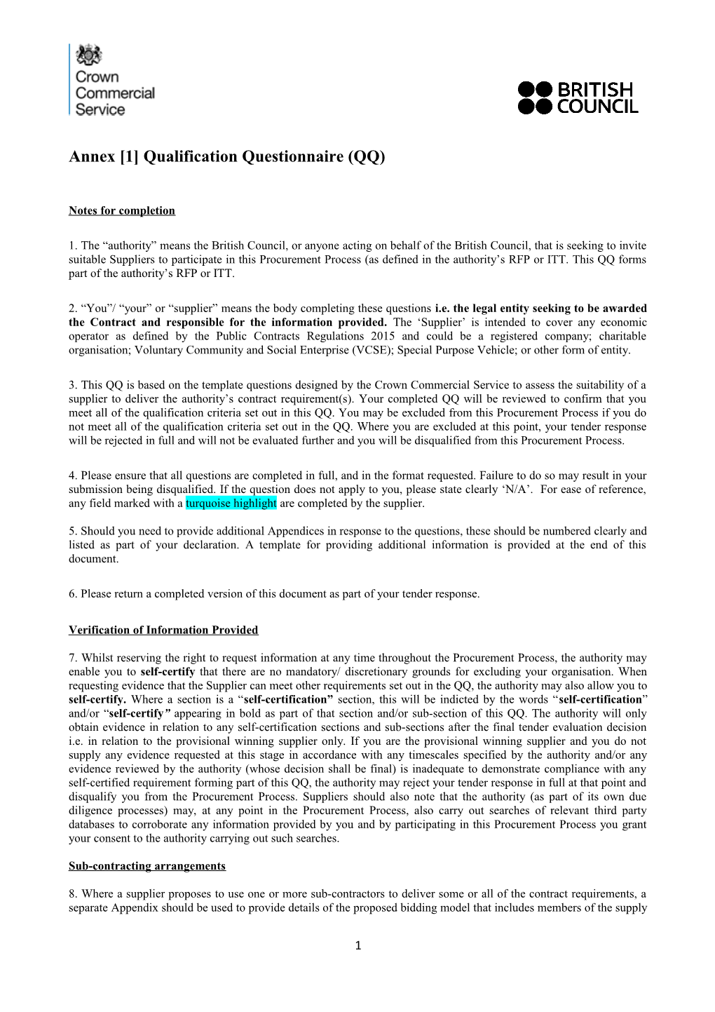 Annex 1 Qualification Questionnaire (QQ)