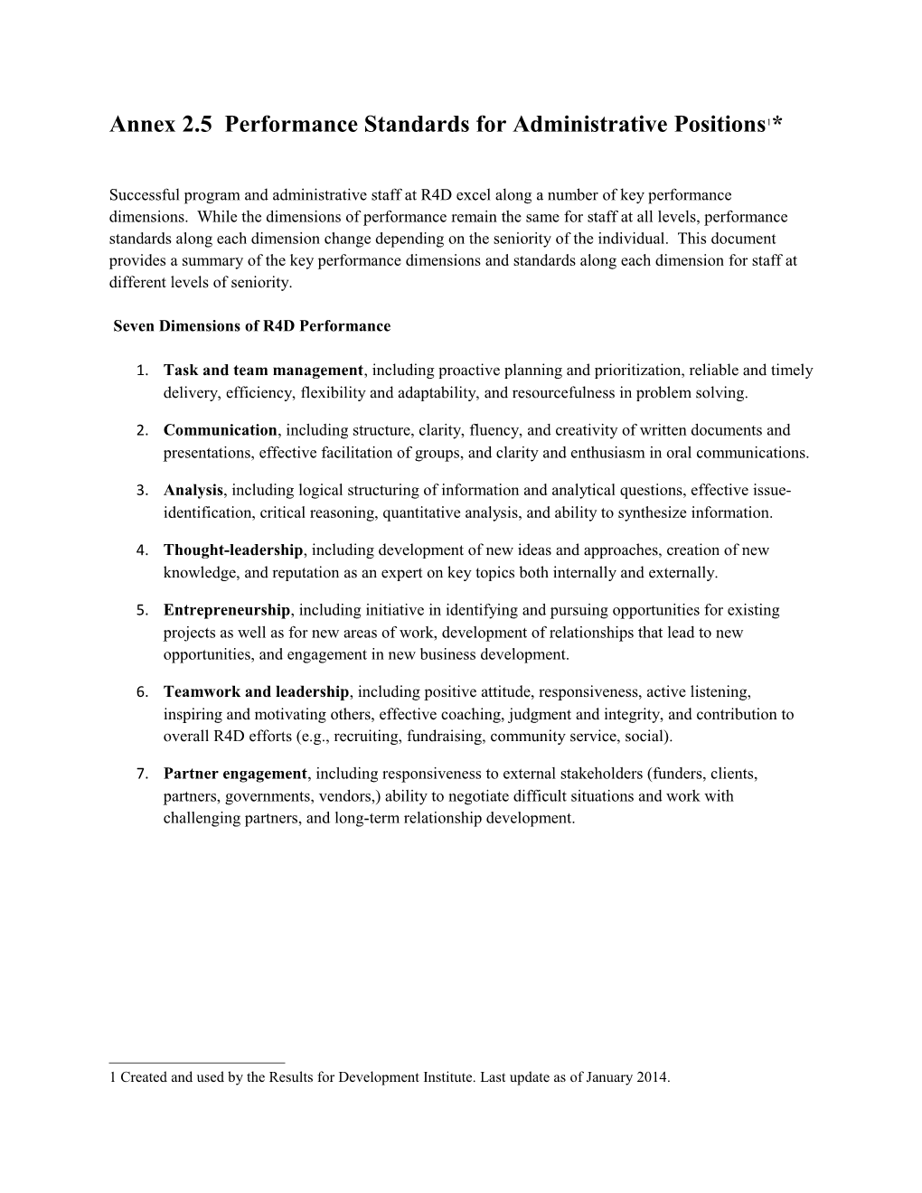 Annex 2.5 Performance Standards for Administrative Positions 1 *