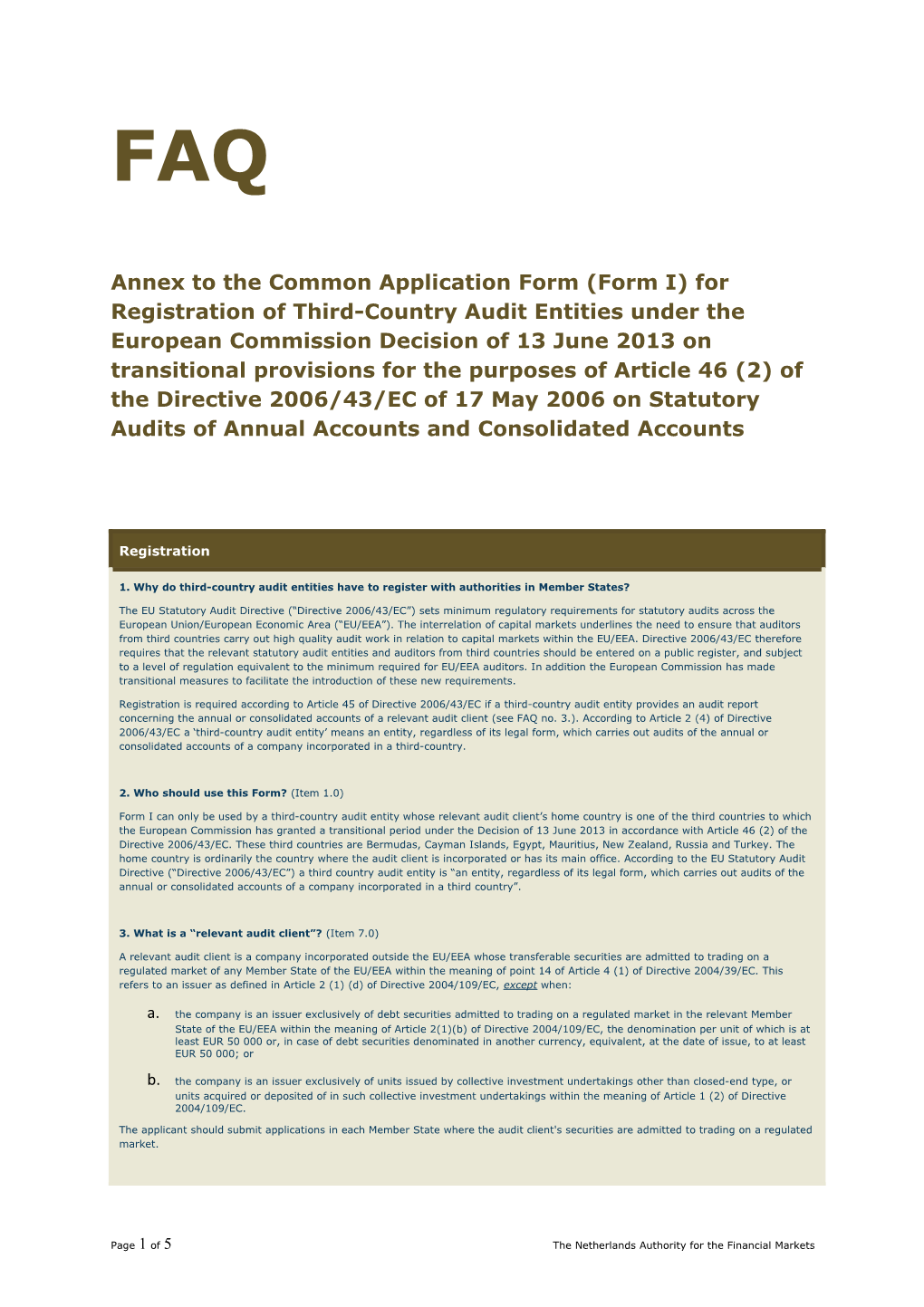 Annex to the Common Application Form (Form I) for Registration of Third-Country Audit