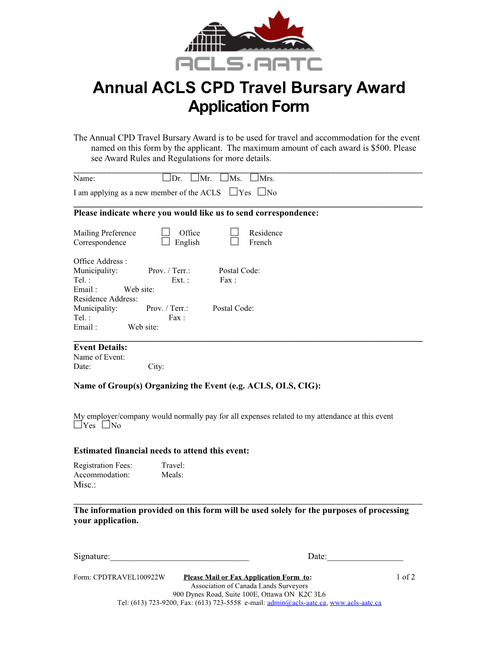 Annual ACLS CPD Travel Bursary Award