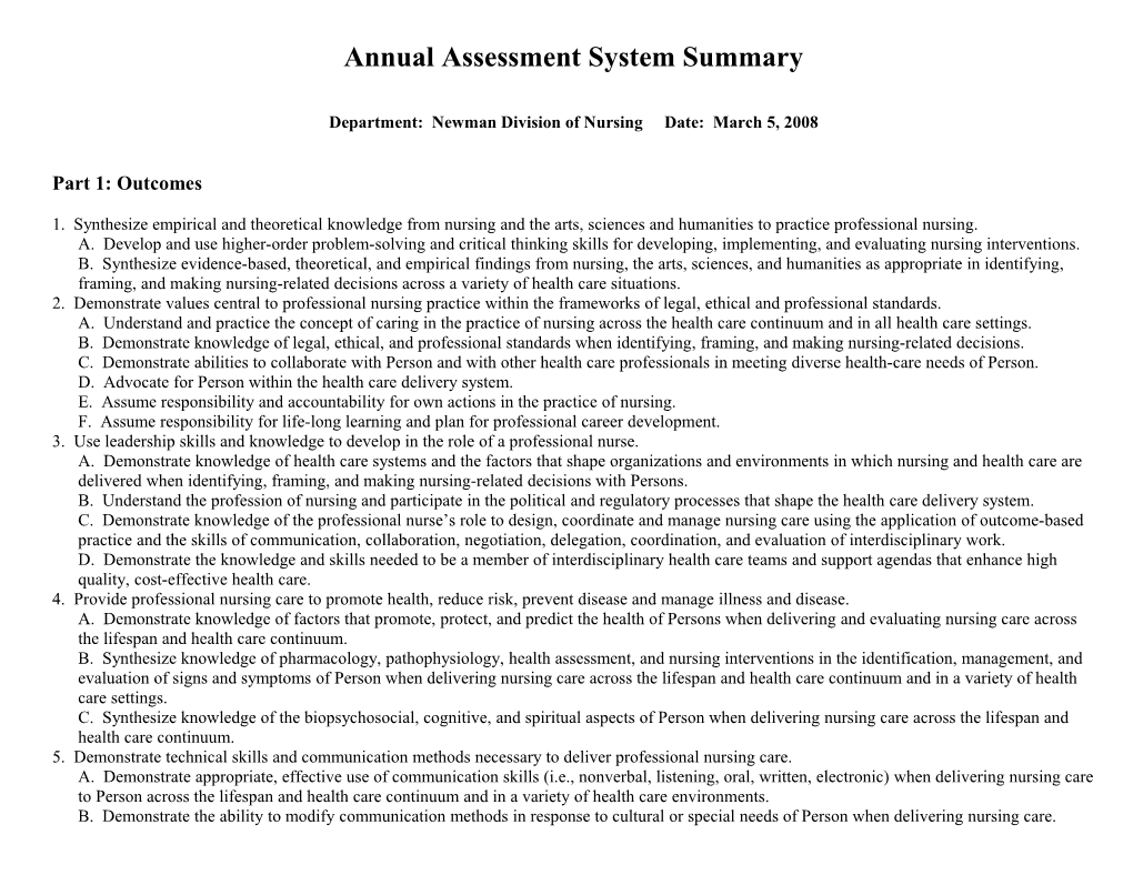 Annual Department Assessment Plan Summary