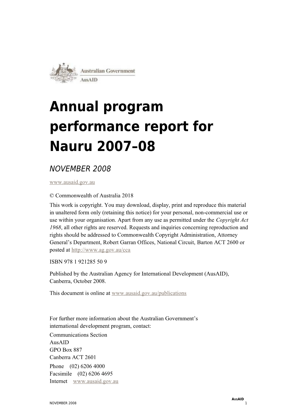 Annual Program Performance Report for Nauru 2007 2008