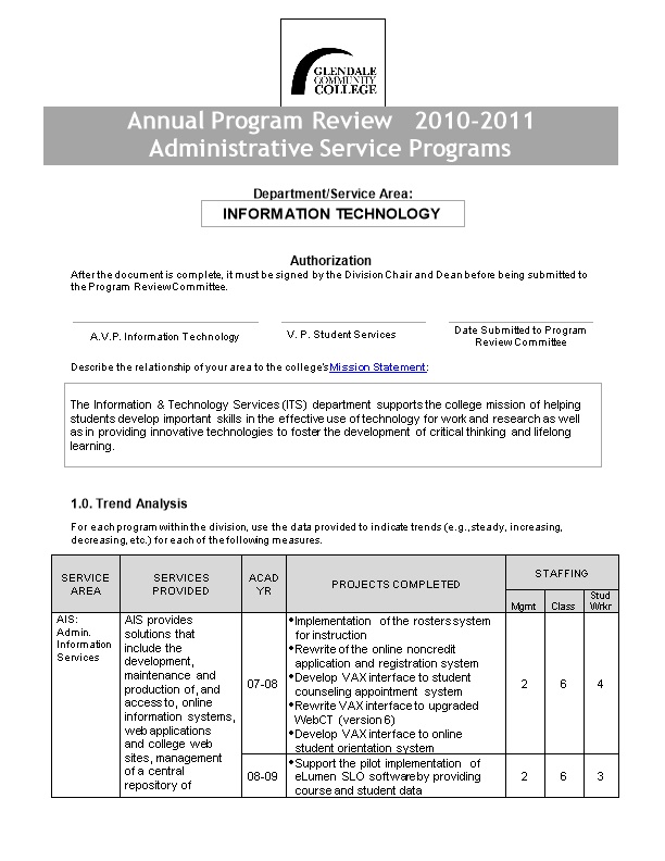 Annual Program Review, Fall Report, Instructional Programs, 2010-2011