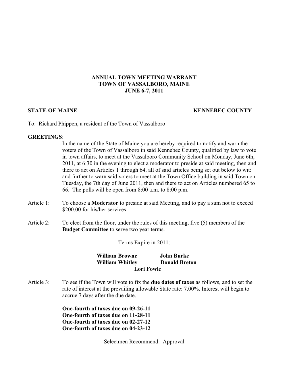 Annual Town Meeting Warrant