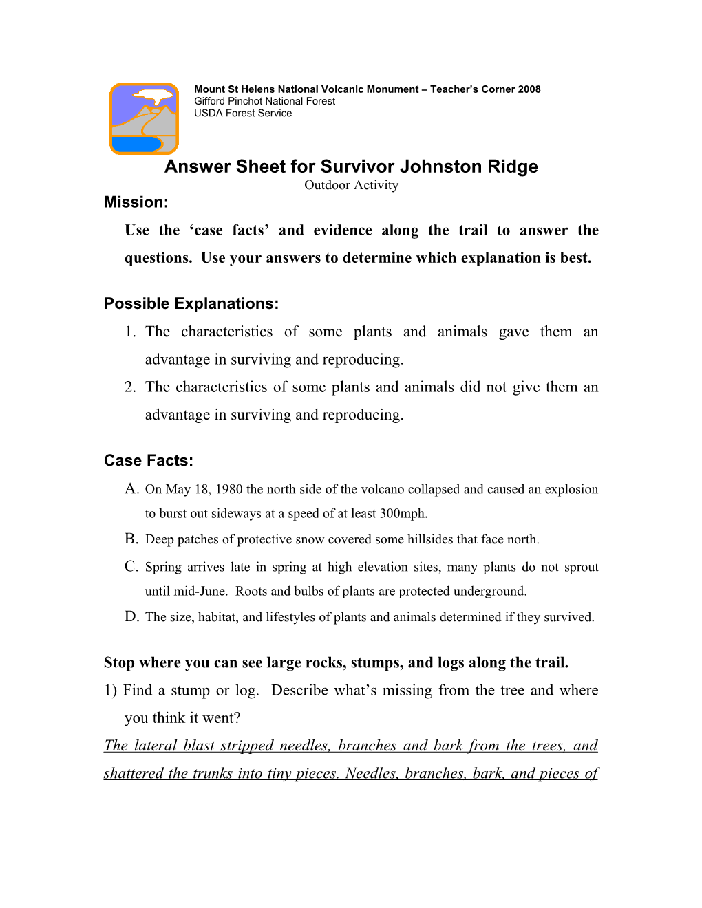 Answer Sheet Forsurvivor Johnston Ridge