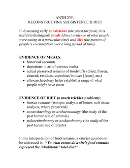 Anth 235, Subsistence and Diet