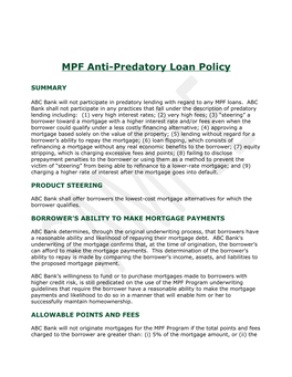 Anti-Predatory Lending (APL) Screening Procedures for MPF Program Loans