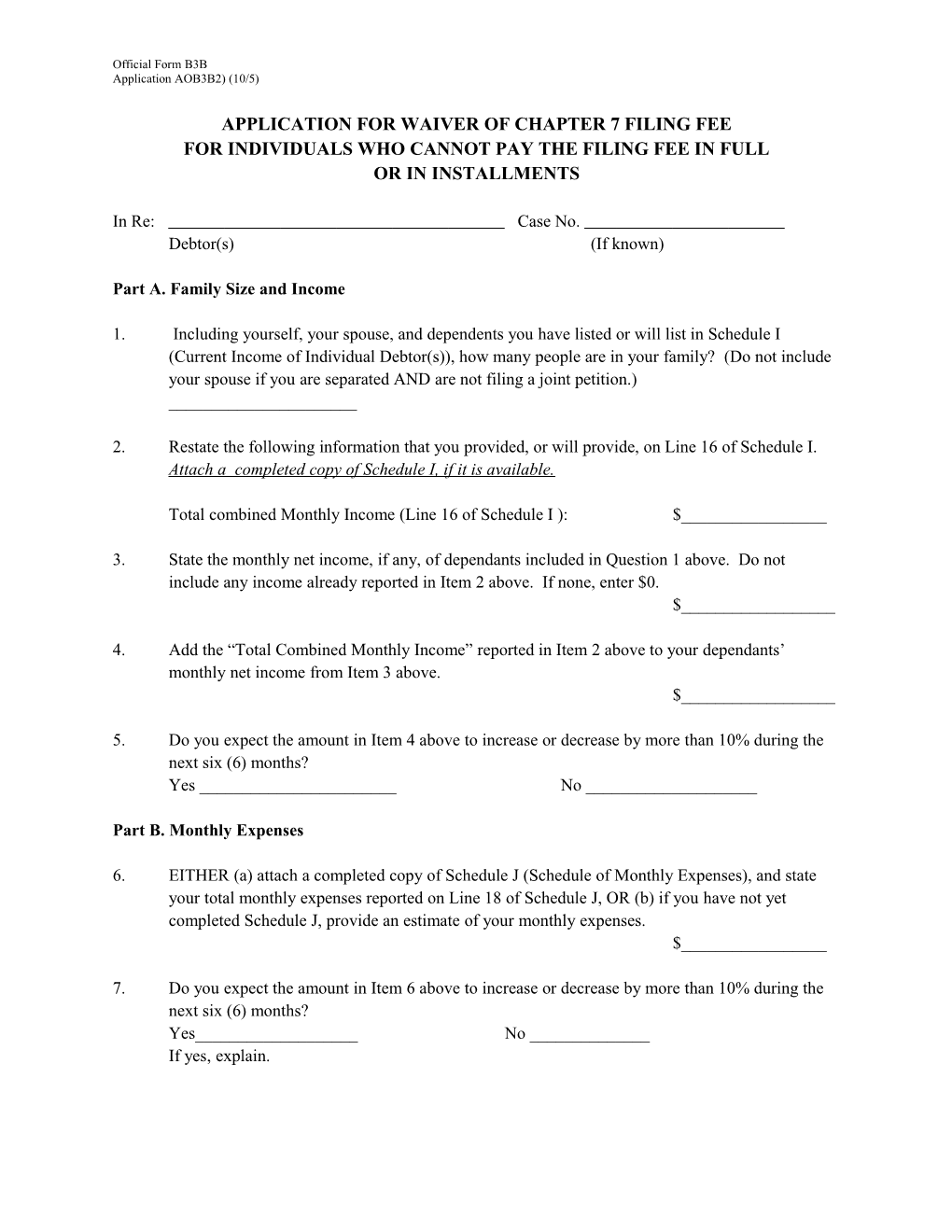 AOB3B2 Application for Waiver of Chapter 7 Filing Fee for Individuals Who Cannot Pay The