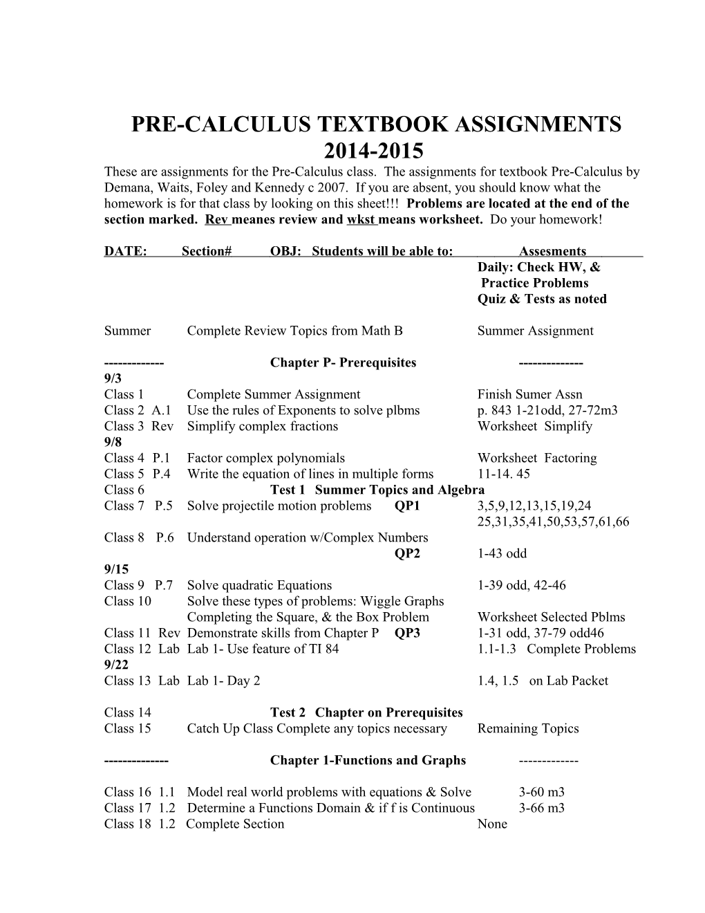AP Calculus Assignments for Textbook Calculus by Finney, Demana, Waits and Kennedy C 2003