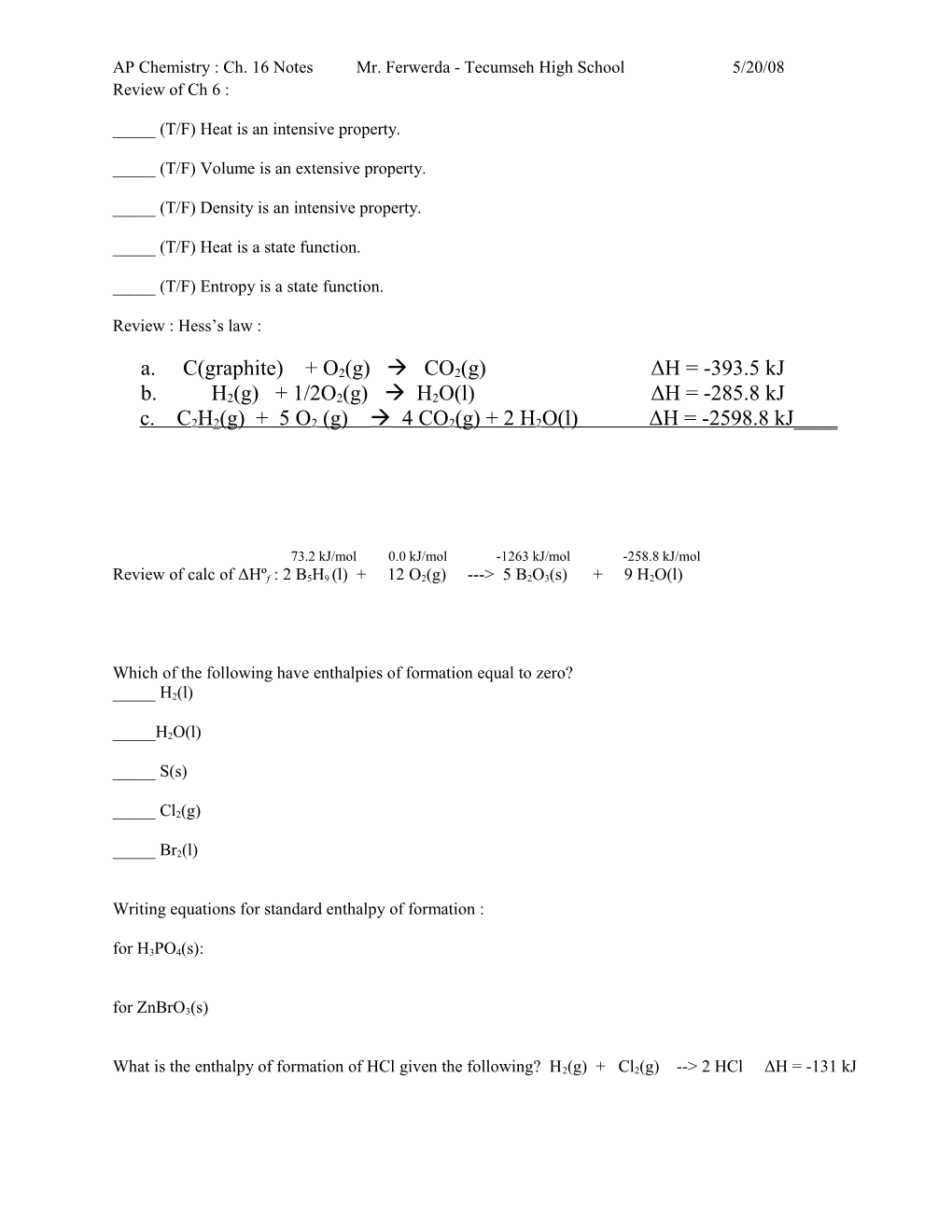 AP Chemistry : Ch. 16 Notesmr. Ferwerda - Tecumsehhigh School5/20/08