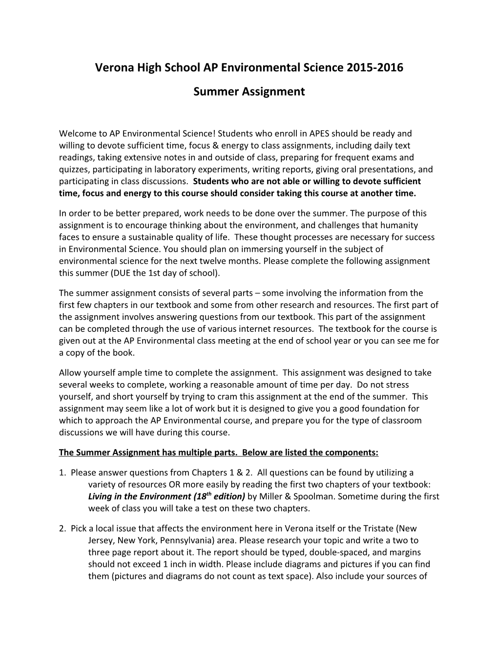 AP Environmental Science Summer Assignment Package (Draft)