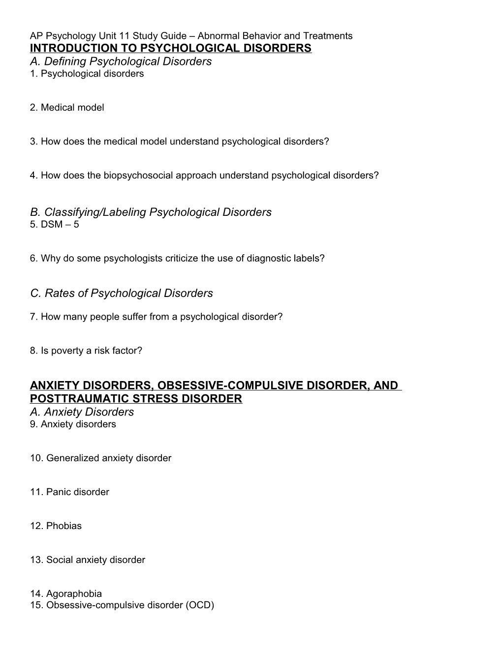 AP Psychology Unit 11 Study Guide Abnormal Behavior and Treatments