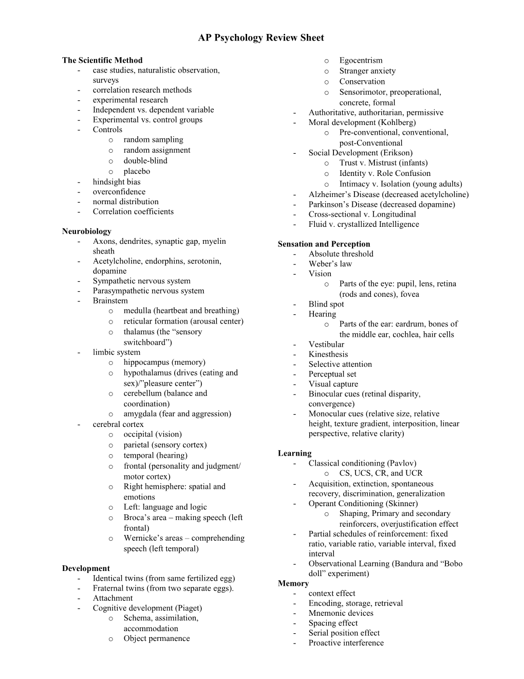 AP Psychologyreview Sheet