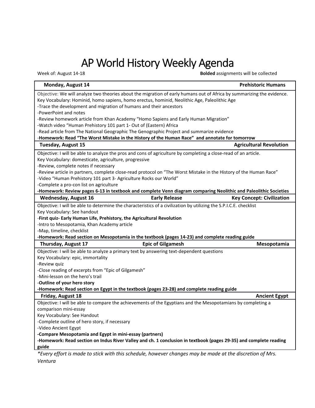 AP World Historyweekly Agenda