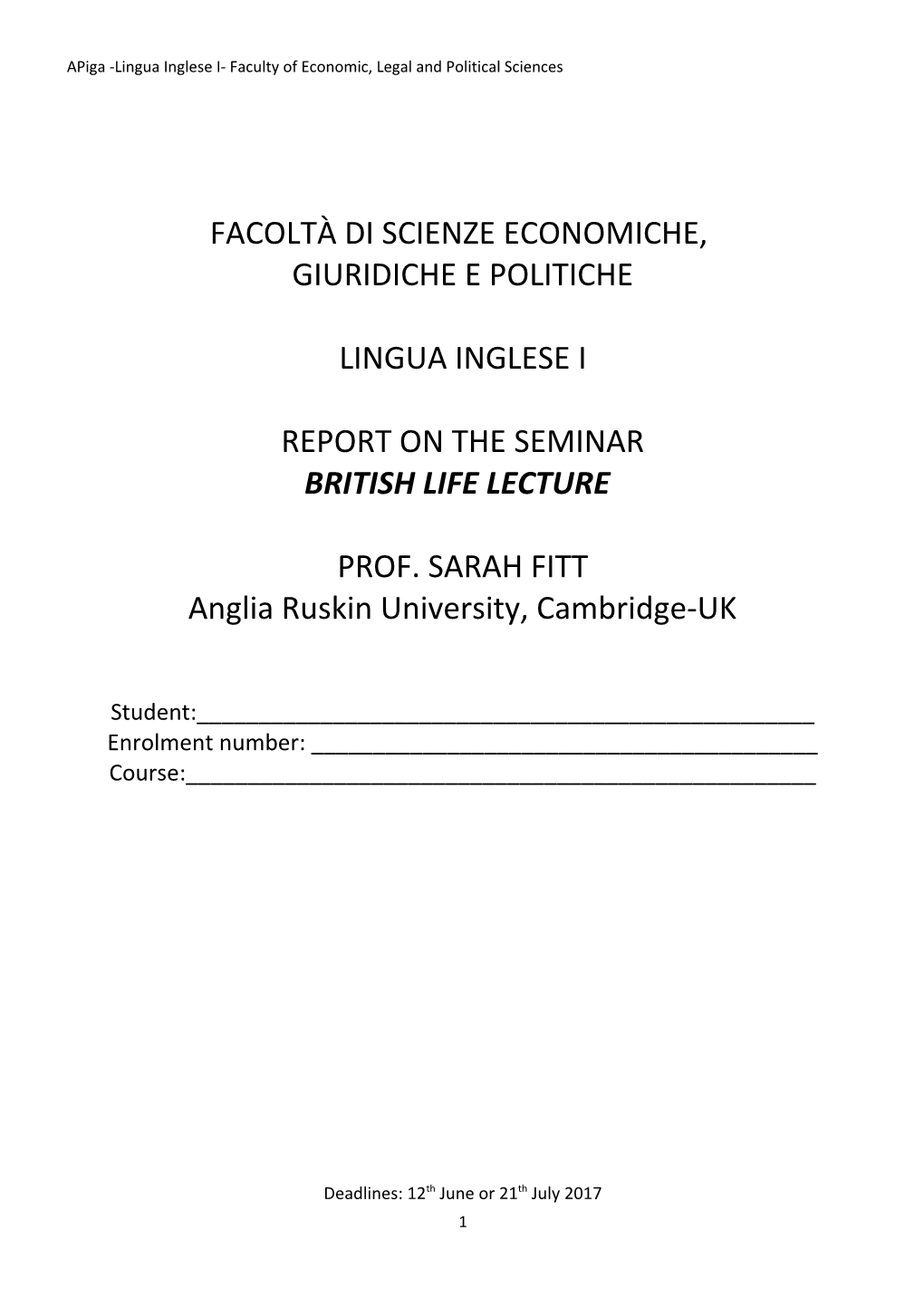 Apiga -Lingua Inglese I- Faculty of Economic, Legal and Political Sciences