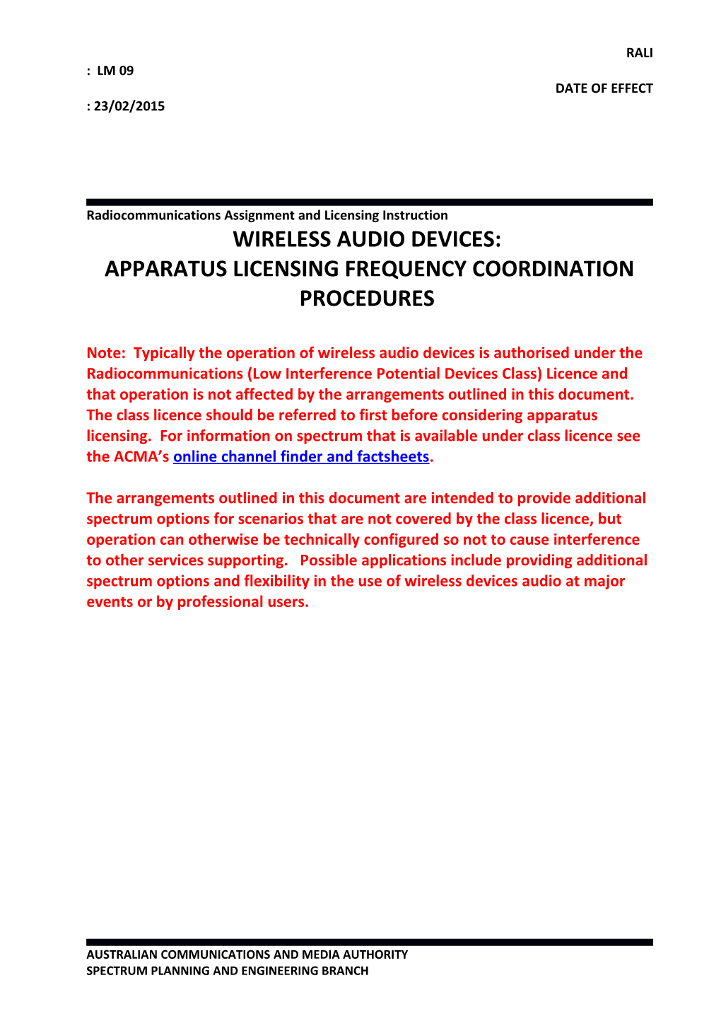 Apparatus Licensing Frequency COORDINATION PROCEDURES