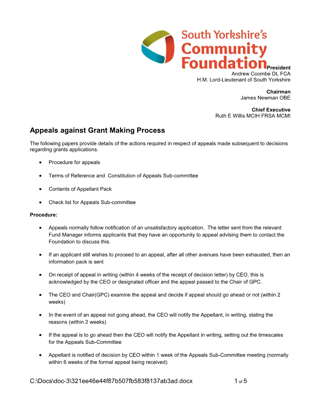 Appeals Against Grant Making Process