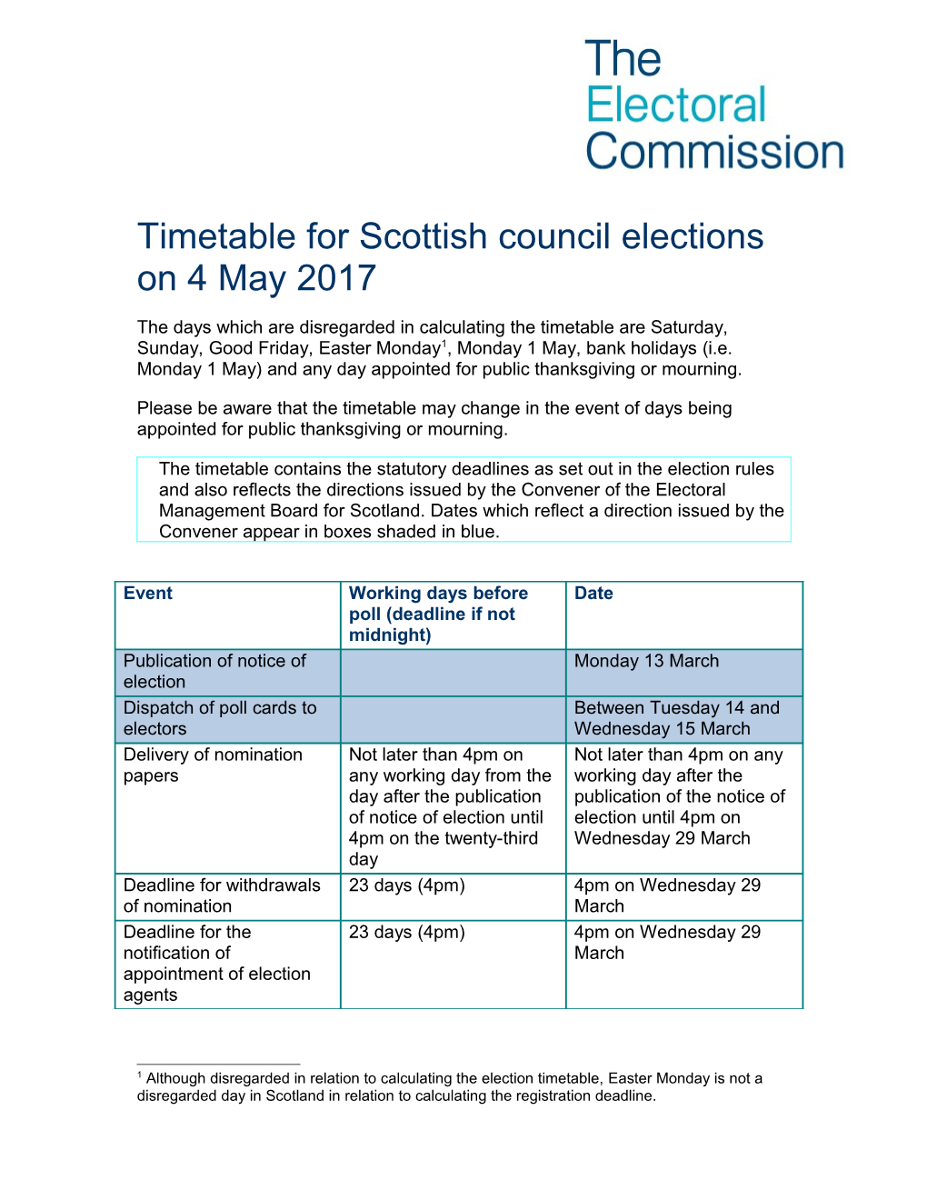 Appendix a - Timetable for 6 May 2010 Elections