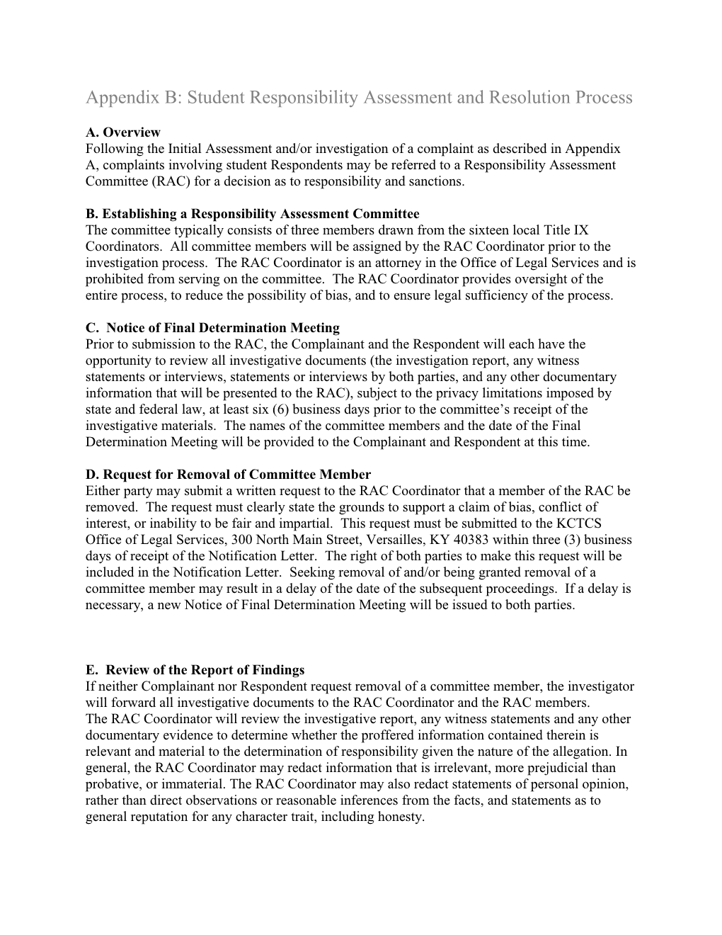 Appendix B: Student Responsibility Assessment and Resolution Process