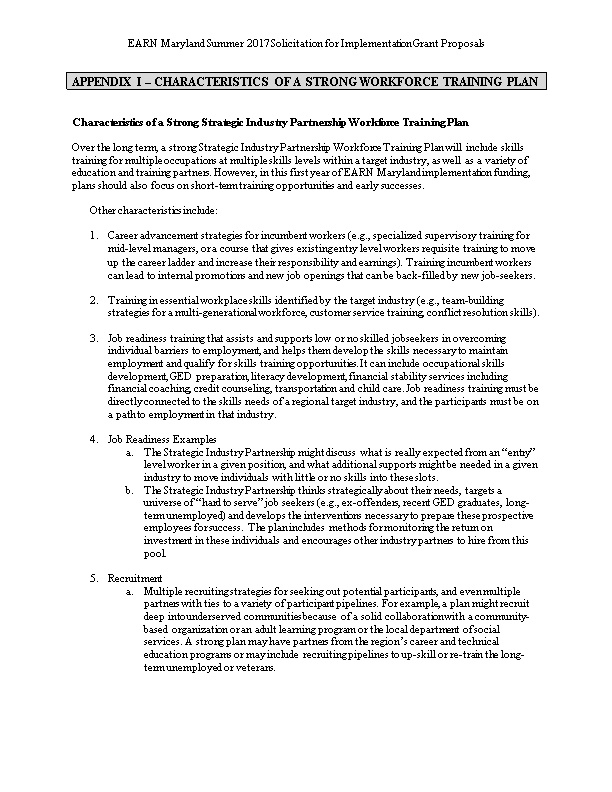 Appendix I Characteristics of a Strong Workforce Training Plan