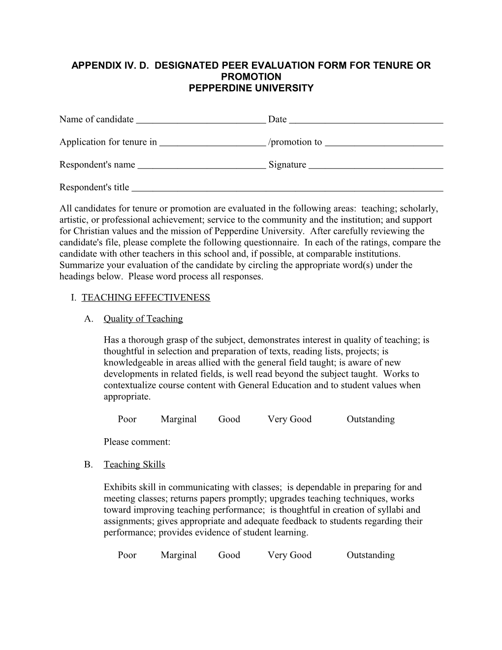 Appendix Iv. D. Designated Peer Evaluation Form for Tenure Or Promotion