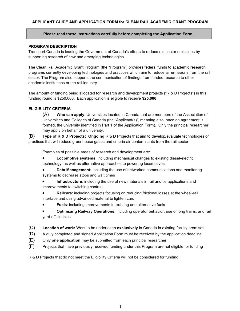 APPLICANT GUIDE and APPLICATION FORM for CLEAN RAIL ACADEMIC GRANT PROGRAM