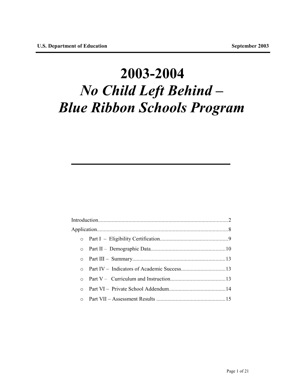 Application 2003-2004, No Child Left Behind-Blue Ribbon Schools Program (Msword)