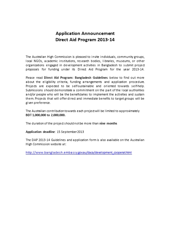 Application Announcement Direct Aid Program 2013-14