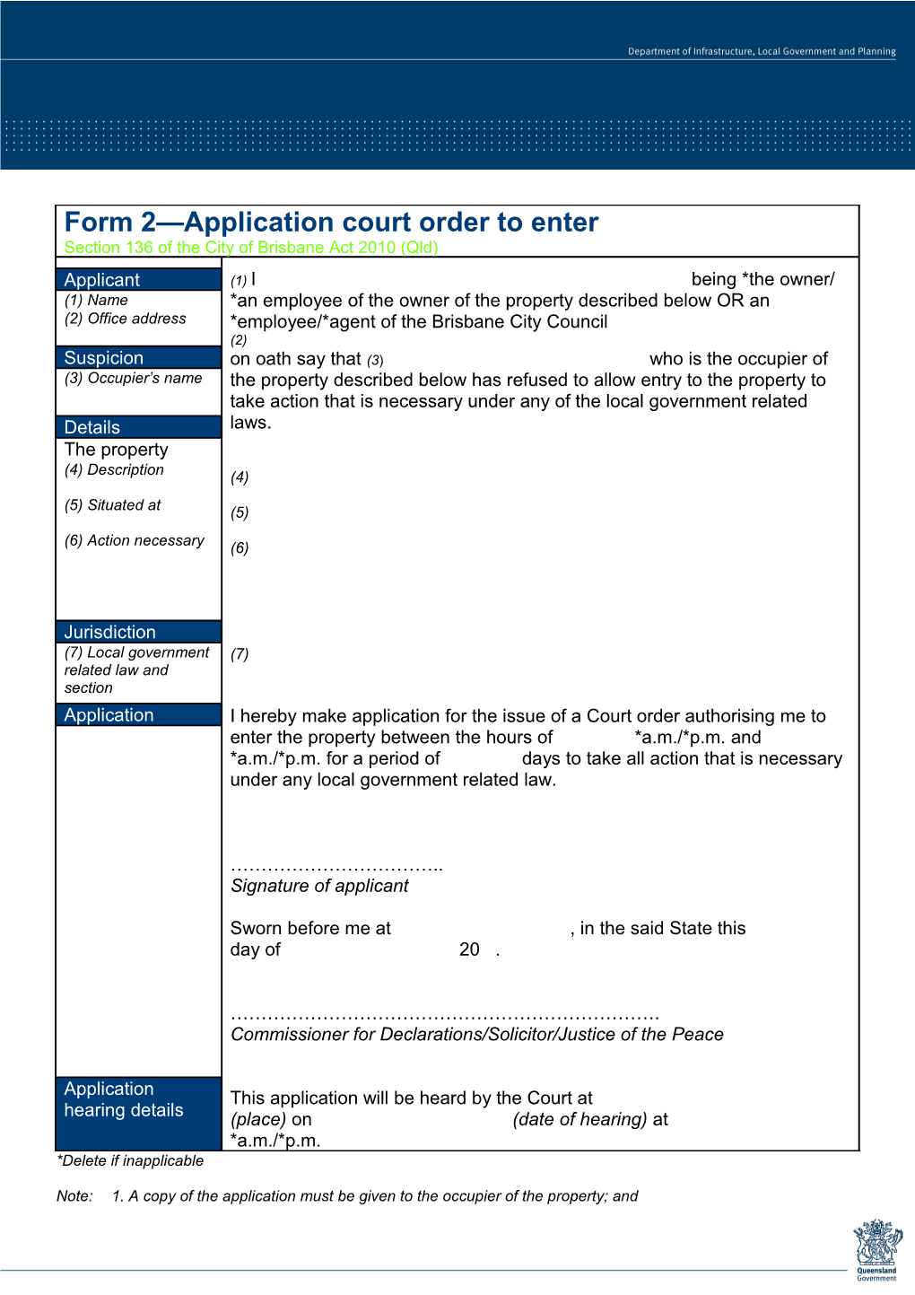 Application Court Order to Enter - City of Brisbane Act