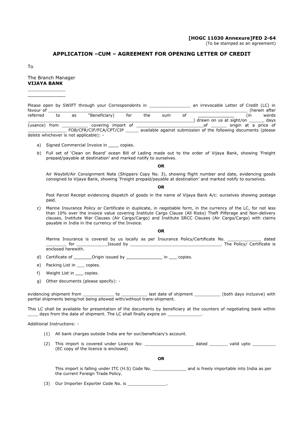 Application Cum Agreement for Openingletter of Credit