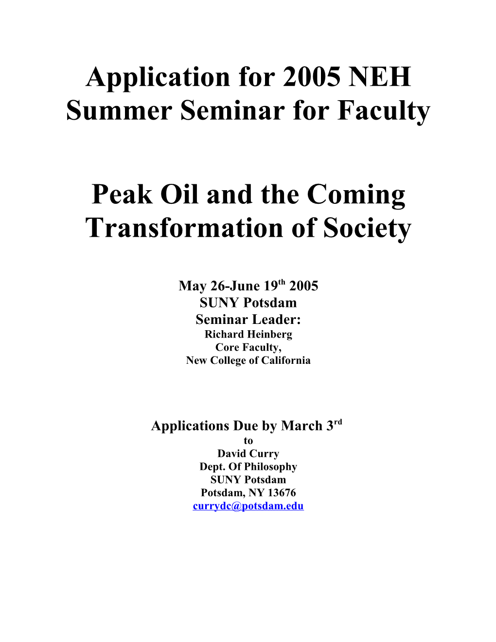 Application for 2005 NEH Summer Seminar for Faculty