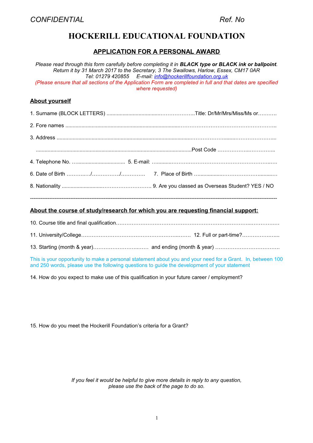 Application for a Personal Award