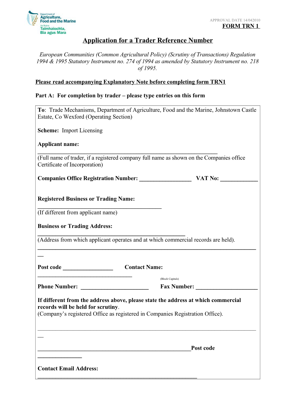 Application for a Trader Reference Number