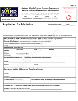 Application for Admission for Academic Year _____2018 ______