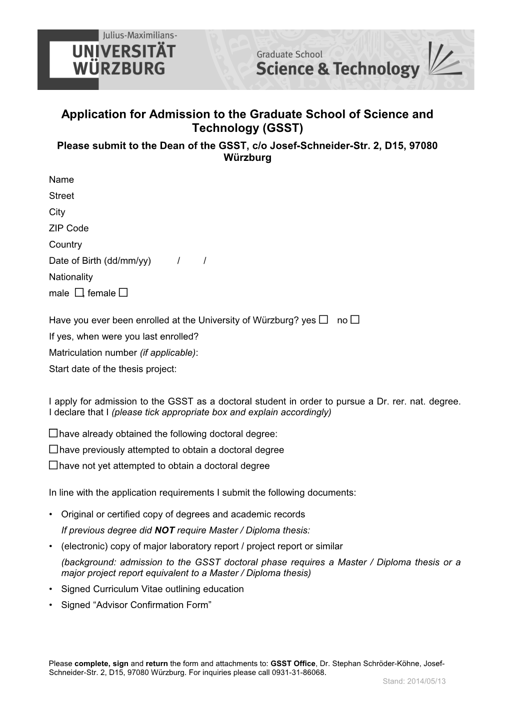 Application for Admission to the Graduate School of Science and Technology (GSST)